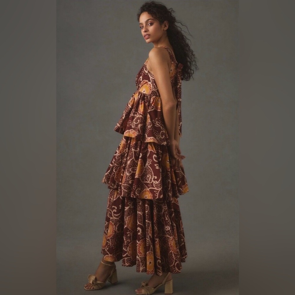 Anthropologie Atsu V-Neck Brown and Gold Ruffled Maxi Dress - Picture 4 of 10